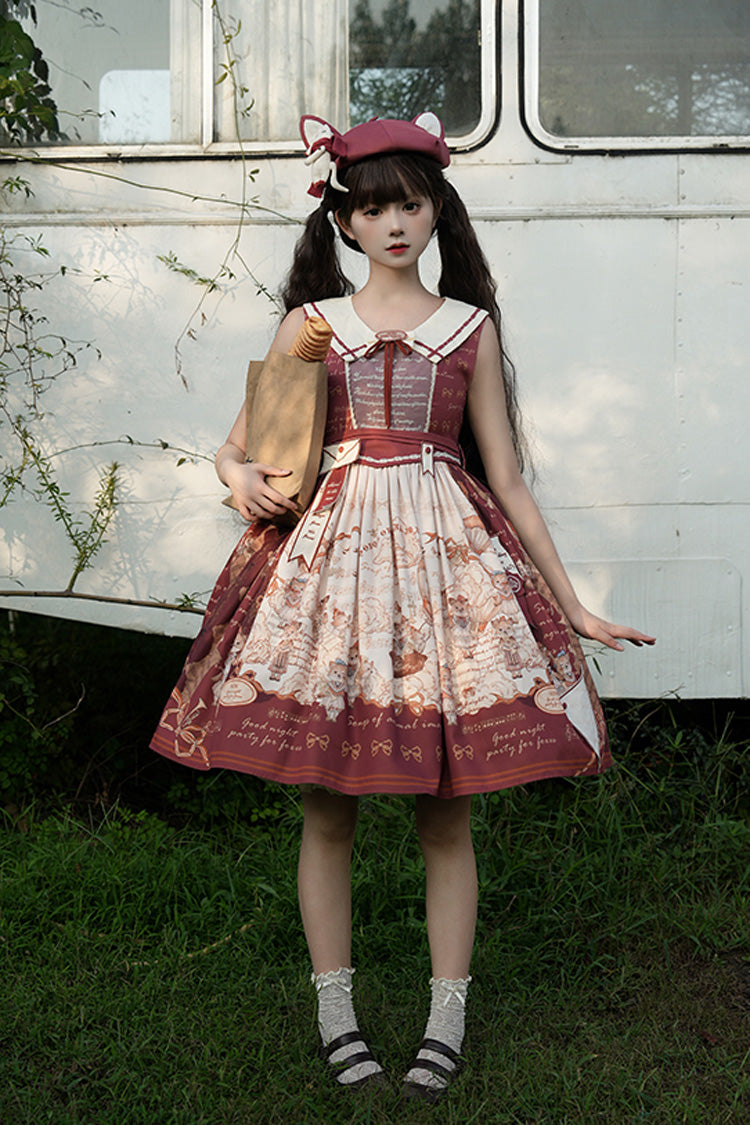 Wine Red Fox Band Print Square Collar Bowknot Classic Lolita Jumper Dress
