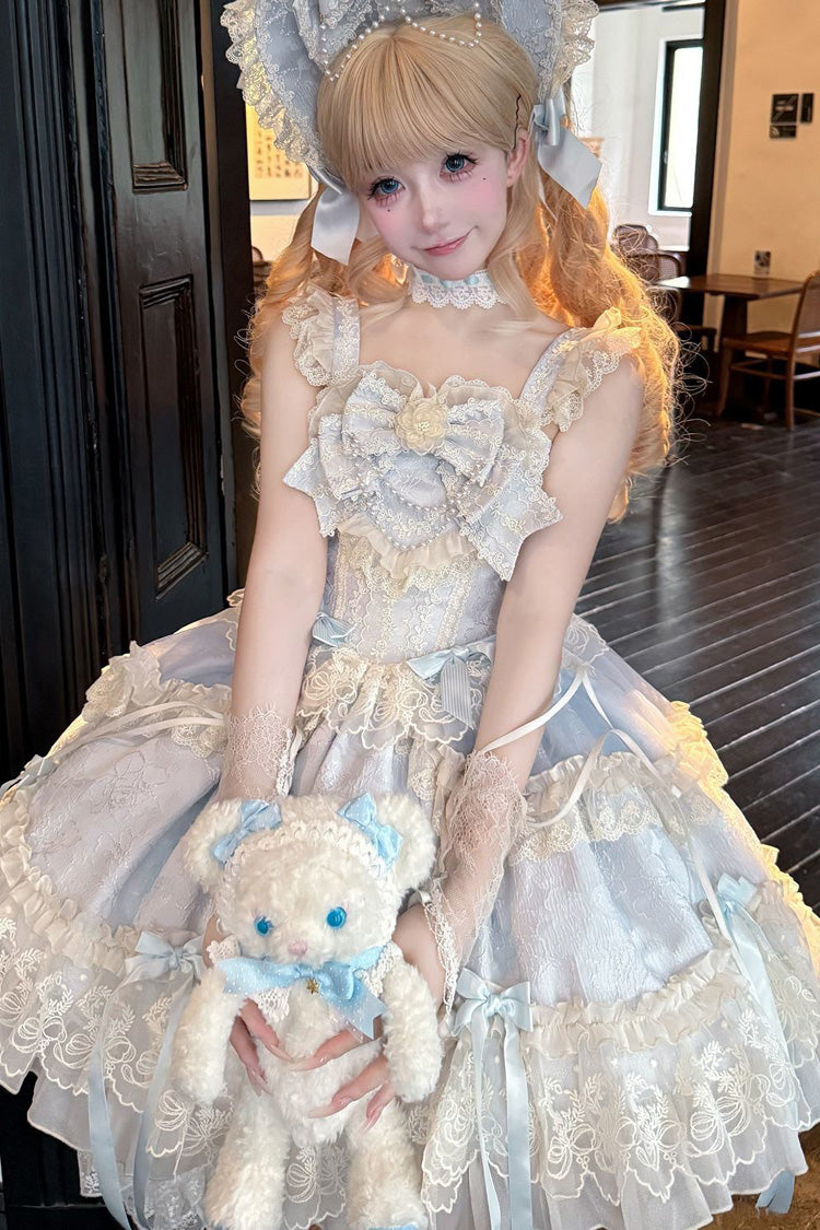 Blue Blossoming Heart Love  Sleeveless Dark Jacquard Print Bowknot Lace Sweet Lolita Jsk Dress