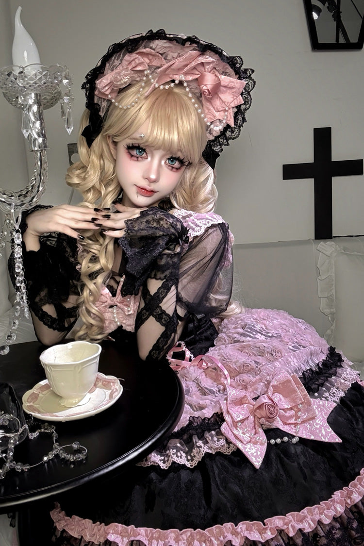 Black/Pink Rose Princess Sleeveless Ruffle Bowknot Lace Lace-Up Sweet Ballet Lolita Jsk Dress