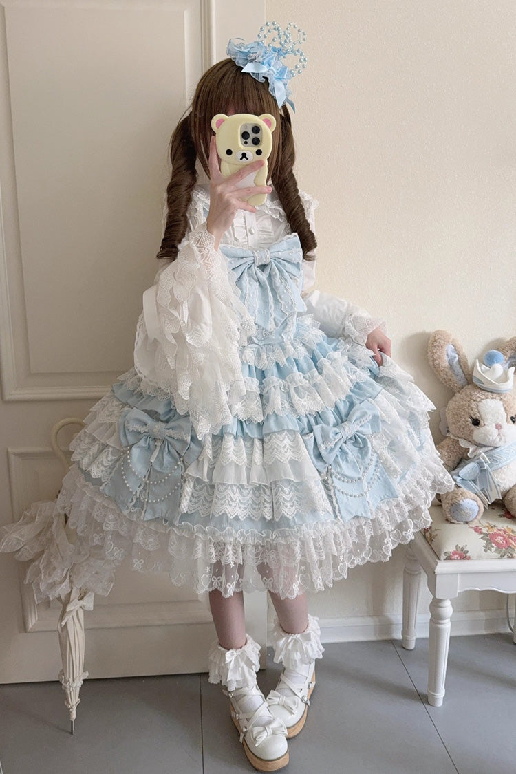 Blue Knot of the Crossed Heart Sleeveless Multi-Layered Ruffle Hanayome Cardigan Bowknot Lace Lace-Up Sweet Lolita Jsk Dress