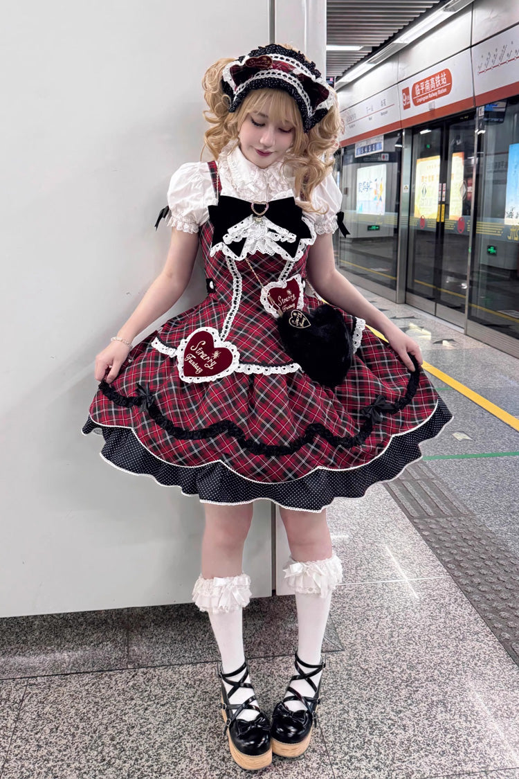Red Shibuya Sweetheart Sleeveless Plaid Print Ruffle Bowknot Sweet Lolita Jsk Dress (Plus Size Support)