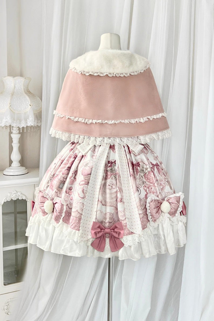Pink Cat Dessert House Print Ruffle Bowknot Sweet Lolita Jsk Dress Set