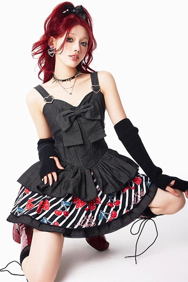 Black Cherry Sleeveless Triple-Layered Print Ruffle Bowknot Denim Sweet Japanese Vintage Lolita Jsk Dress