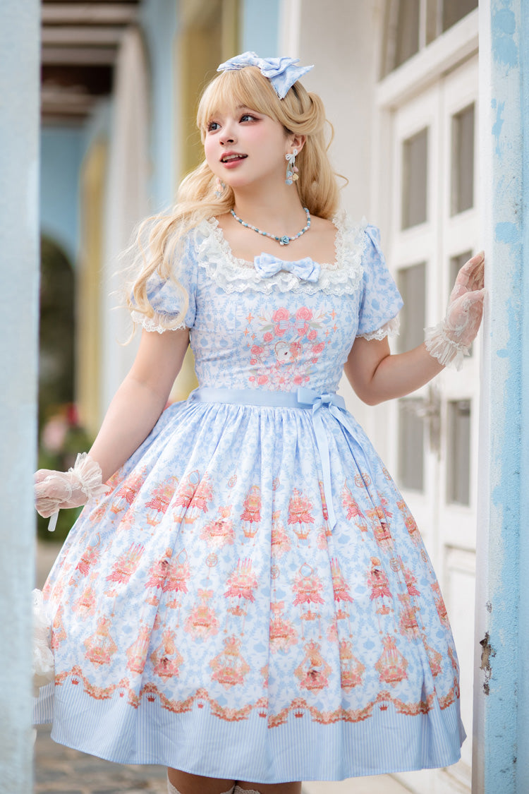 Blue Rose Garden Rabbit Print Ruffle Bowknot Sweet Lolita Dress