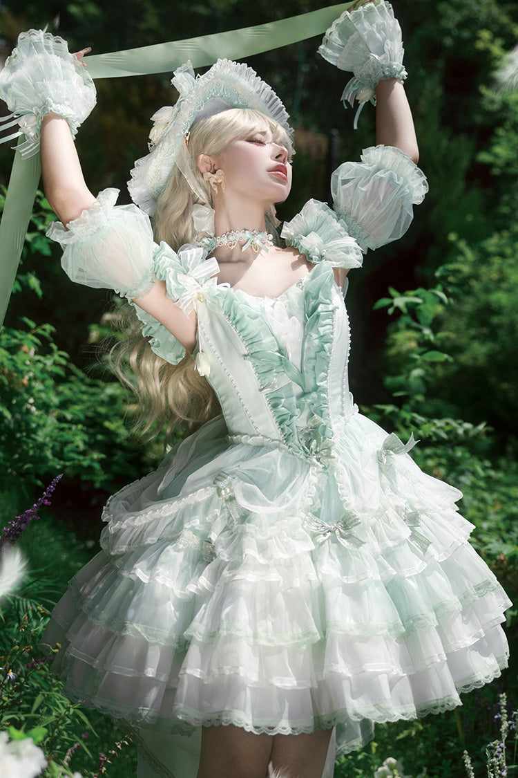 Green Tulip and Wind Chime Multi-Layered Ruffle Bowknot Lace Sweet Gorgeous Lolita Jsk Dress