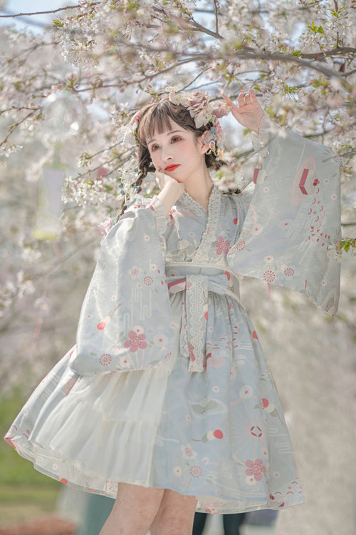 Japanese Trumpet Sleeves Lace Ruffled Cherry Blossom Print Sweet Lolita OP Dress