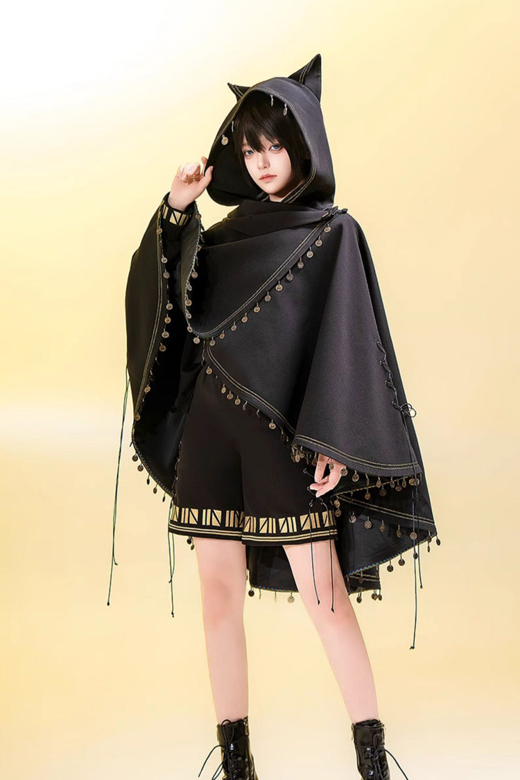 Black Black Cat Embroidery Cat Ears Hooded Ouji Gothic Prince Handsome Lolita Cloak