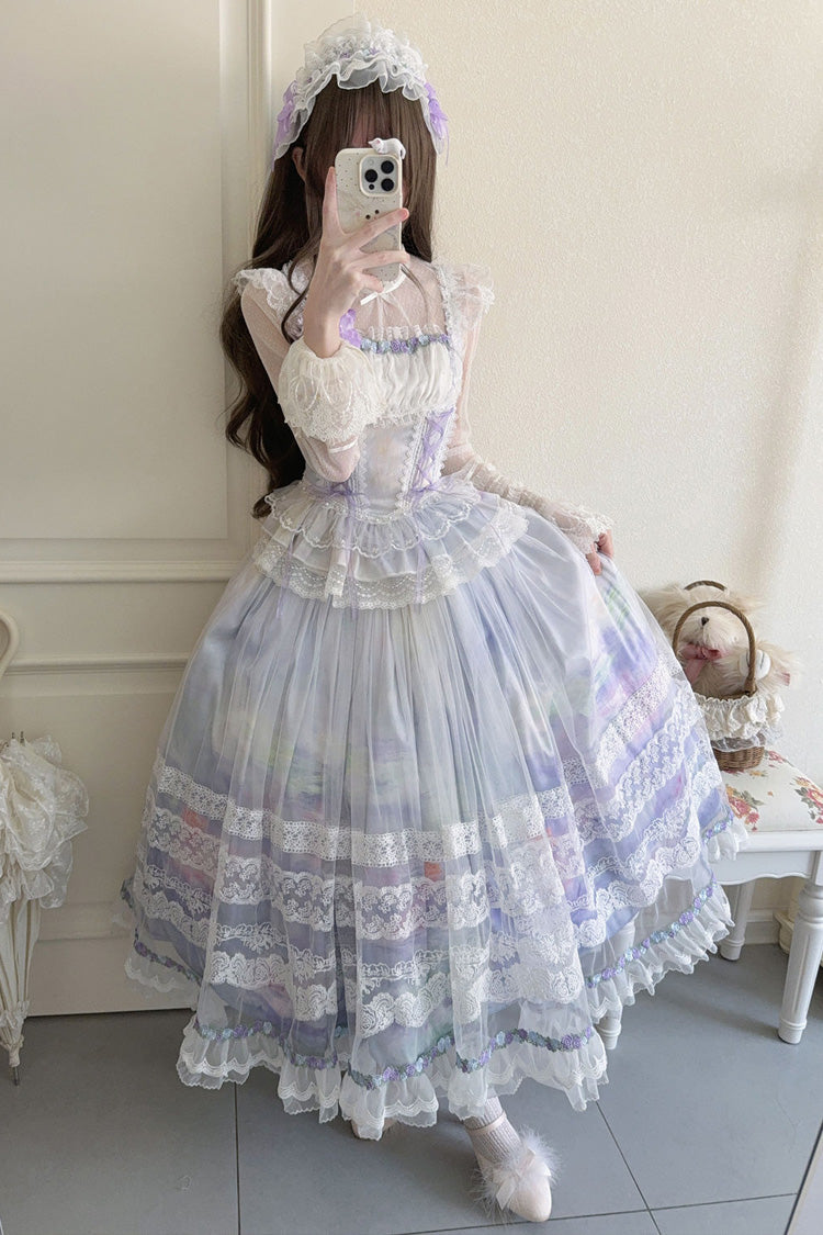Light Purple Mist-shrouded Vineyard Sleeveless Ruffle Bowknot Lace-Up Sweet Lolita Jsk Skirt Dress Set