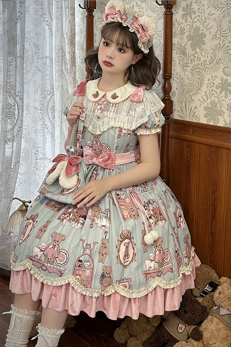 Pink/Green Bear Doll Wall Print Short Sleeves Ruffle Embroidery Bowknot Sweet Lolita Dress