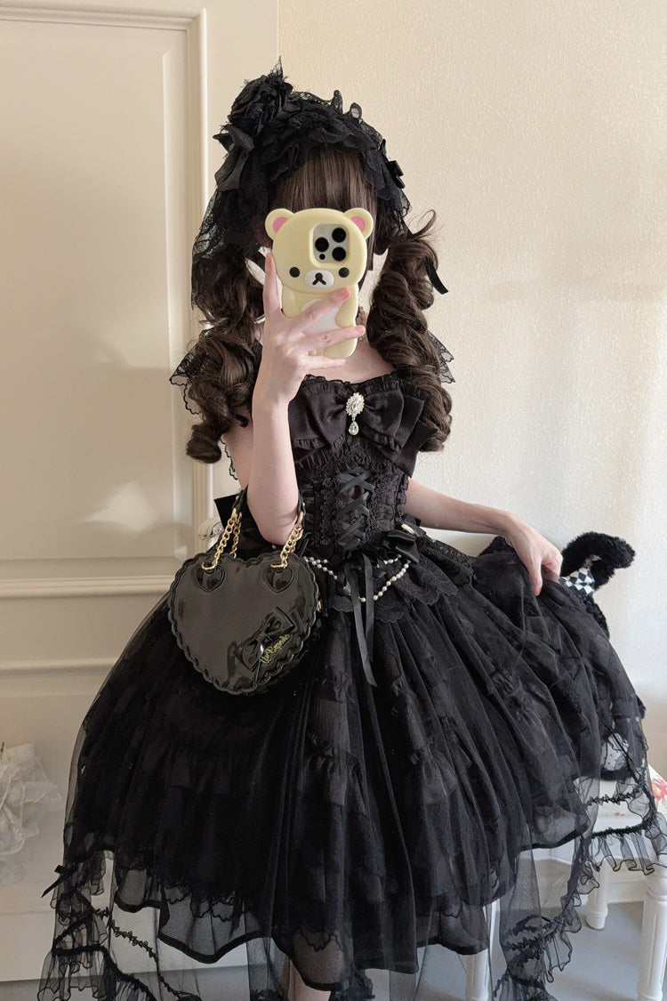 Black Eternal Vow Sleeveless Multi-Layered Ruffle Hanayome Bowknot Lace Lace-Up Gothic Lolita Jsk Dress