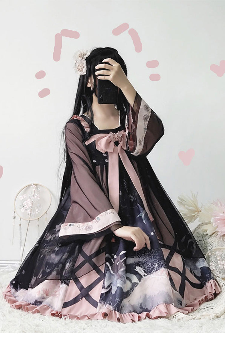 Black/Pink Chinese Style Long Sleeves Chest Bow Chiffon Sweet Lolita OP Dress