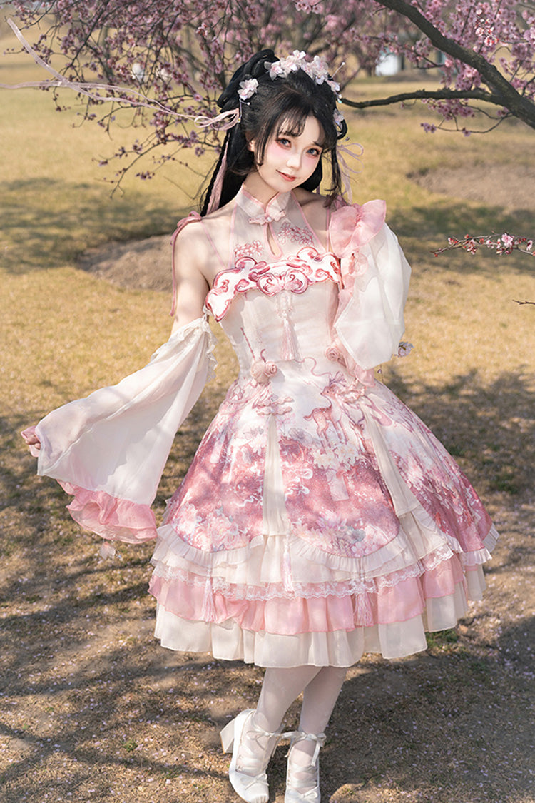 Pink Flower Feast Multi-Layered Print Ruffle Bowknot Sweet Chinese Style Lolita Jsk Dress