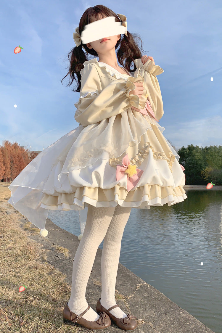Pray Star Long Sleeves Double-Layered Ruffle Bowknot Stitching Lace Sweet Lolita Dress 5 Colors