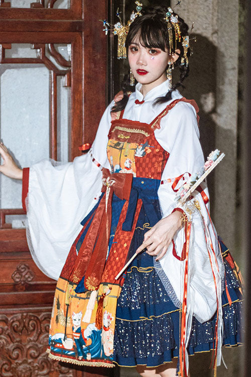 Blue Ukiyoe Cat & Waves Print Sleeveless Multi-Layer Sweet Lolita JSK Dress