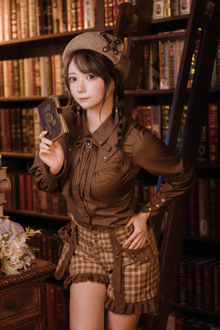 Brown Lapel Collar Long Sleeves Bowknot Vintage Ouji Lolita Blouse