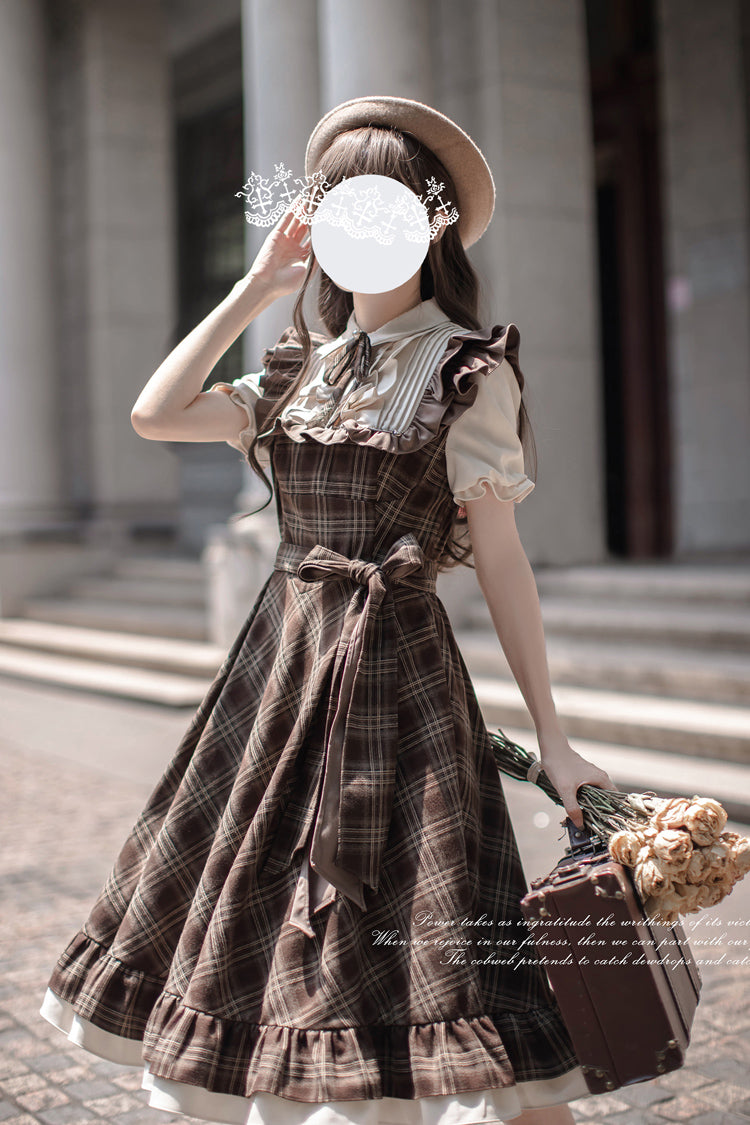 Brown The Thames at Dusk Print Short Sleeves Ruffle Bowknot Fake Two Pieces Vintage Lolita Dress