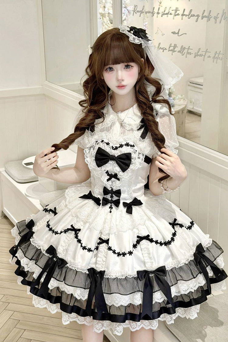 Black/White Scarlet Heart Cocoa Sleeveless Triple-Layered Ruffle Embroidery Bowknot Lace Sweet Lolita Jsk Dress