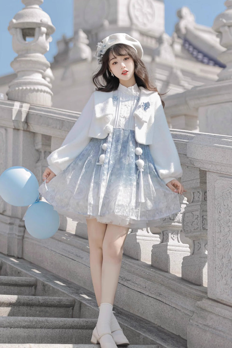White/Blue Long Sleeves Print Ruffle Chinese Style Princess Sweet Lolita Jsk Dress Set
