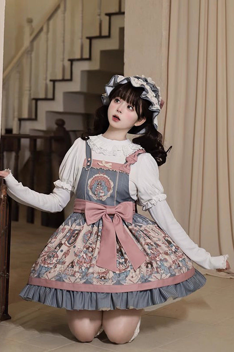 Blue Doll Print Ruffle Bowknot Sweet Lolita Strap Dress