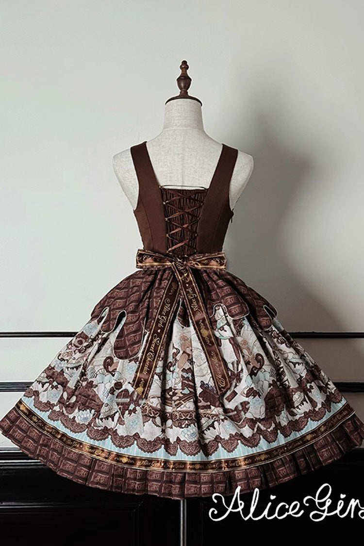 Brown Teddy Bear Chocolate Sleeveless Print Ruffle Bowknot Sweet Lolita Jsk Dress