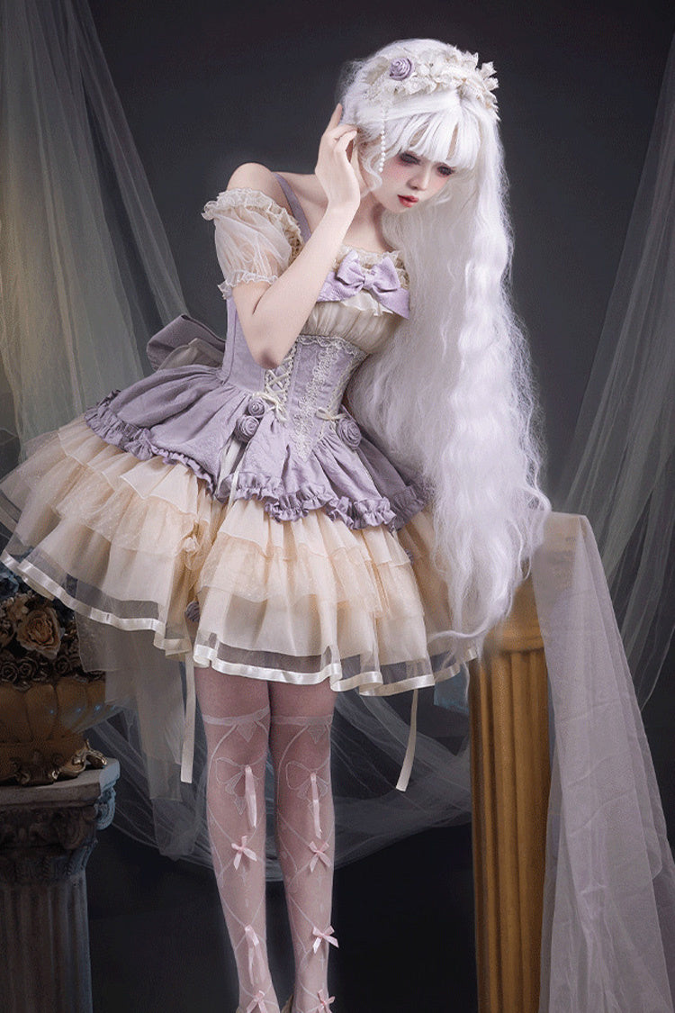 Purple/Ivory Dance of Time Triple-Layered Ballet Style Bowknot Lace-Up Sweet Lolita Jsk Dress