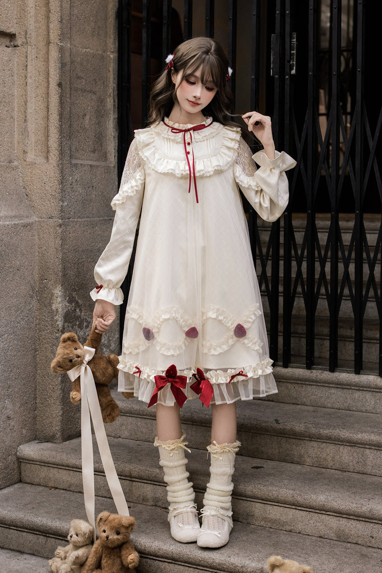 Ivory Strawberry Cream Cake Stand Collar Long Sleeves Ruffled Bow Lace Sweet Lolita Dress