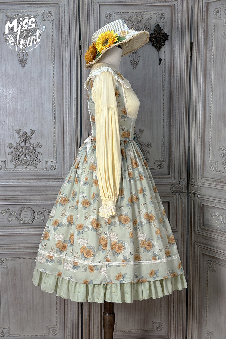 Green Gardening Sunflower Sleeveless Print Ruffle Bowknot Sweet Elegant Uplift Lolita Jsk Dress