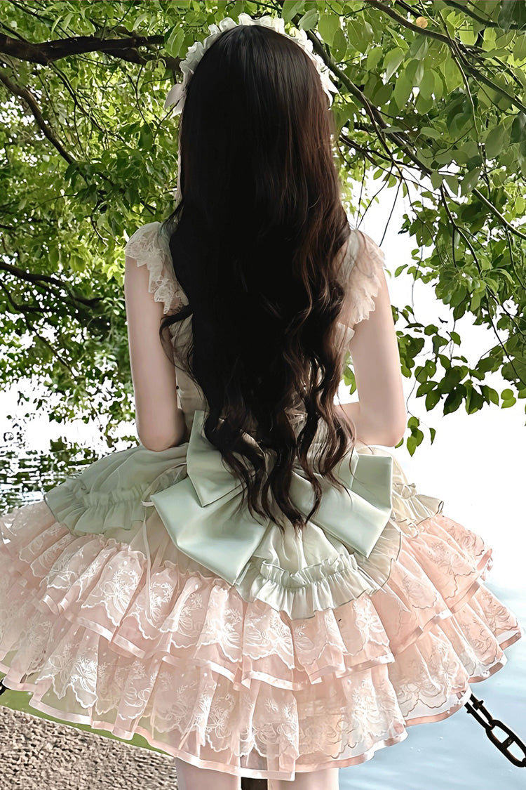 Green Bale Bebe Sleeveless Triple-Layered Ruffled Bow Lace-Up Sweet Ballet Lolita Dress