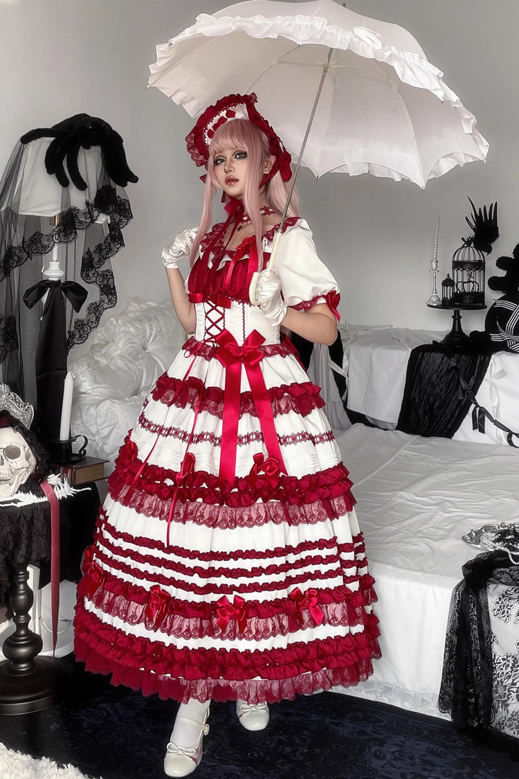 White/Red Layered Red Velvet Short Sleeves Ruffle Bowknot Lace Sweet Lolita Dress