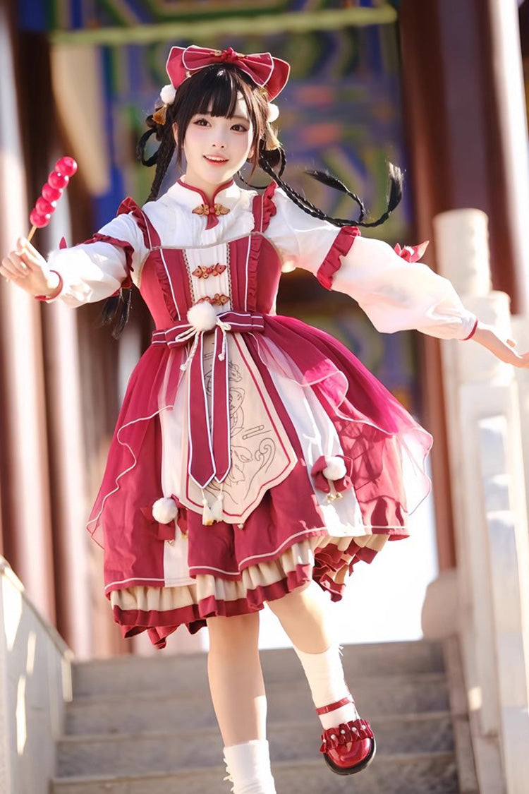 Red Double-Layered Dragon Print Bowknot Lace Sweet Lolita Jsk Dress