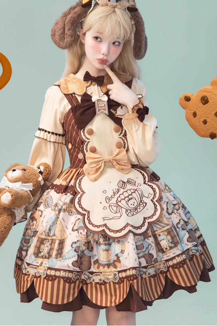 Bear Cookie Sleeveless Print Bowknot Sweet Lolita Jsk Dress Set 2 Colors