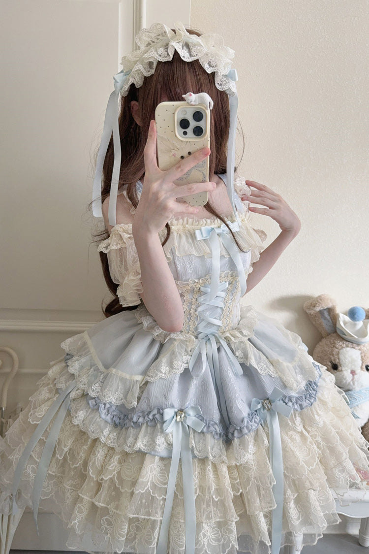 Blue Ribbon Heart Love Sleeveless Multi-Layered Ruffle Bowknot Lace Lace-Up Sweet Princess Ballet Lolita Jsk Dress