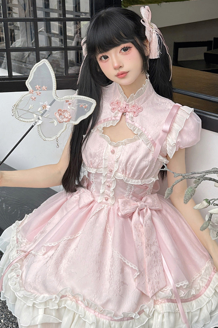 Pink Spring Flower Notes Ruffle Bowknot Lace Sweet Princess Lolita Jsk Dress