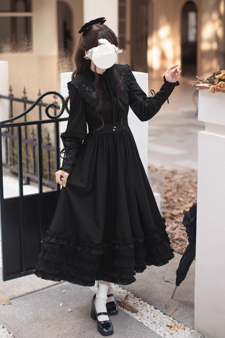 Black Wind Kissed Tulips Long Sleeves Ruffle Embroidery Bowknot Gothic Vintage Elegant Lolita Dress