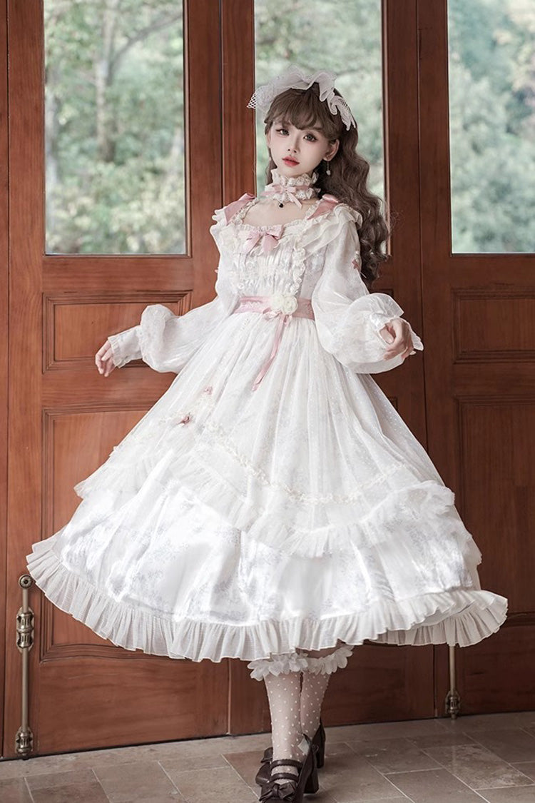 Ivory Long Sleeves Rose Print Bowknot Sweet Princess Lolita Dress