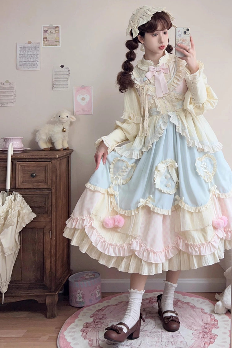 Multi-Color Mianmian Macaron Sleeveless Multi-Layered Ruffle Bowknot Lace Sweet Lolita Jsk Dress (Long Version)