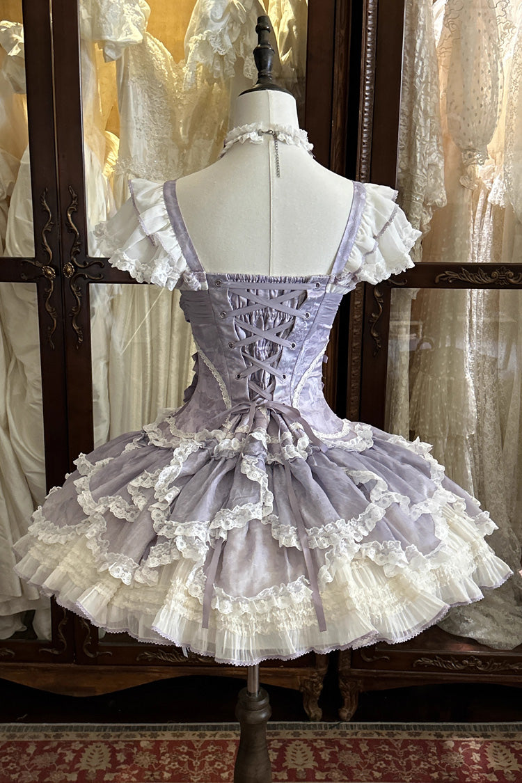 Purple Floral Dream Short Sleeves Multi-Layered Ruffle Embroidery Bowknot Lace-Up Sweet Elegant Ballet Lolita Jsk Dress