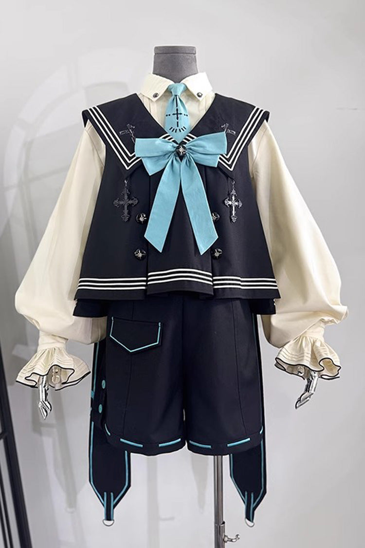 Dark Blue Magician Long Sleeves Ouji Prince Mechanical Style Lolita Shorts Vest Set