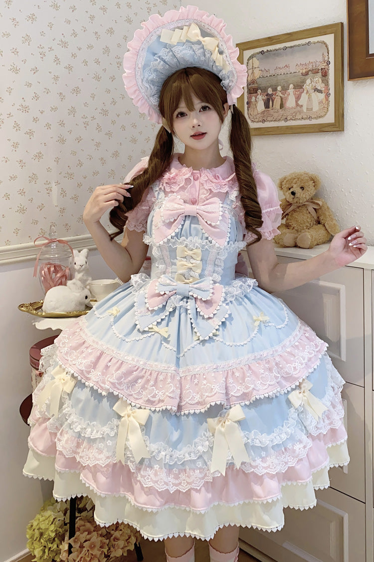 Blue/Pink Fondant Cake Sleeveless Multi-Layered Ruffle Bowknot Lace Sweet Lolita Jsk Dress