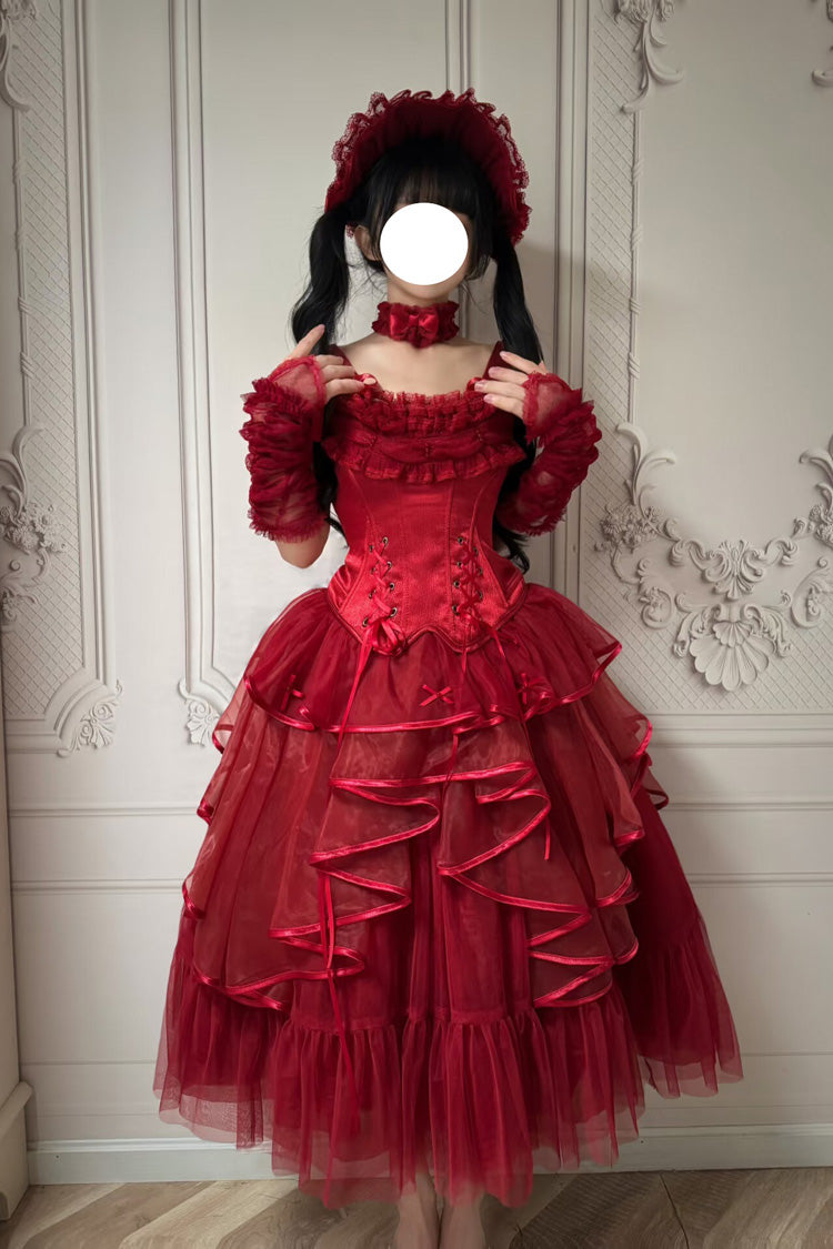 Red The Summer Waves Sparkle Square Collar Sleeveless Multi-Layered Ruffled Bow Lace-Up Slim Classic Lolita Skirt Set