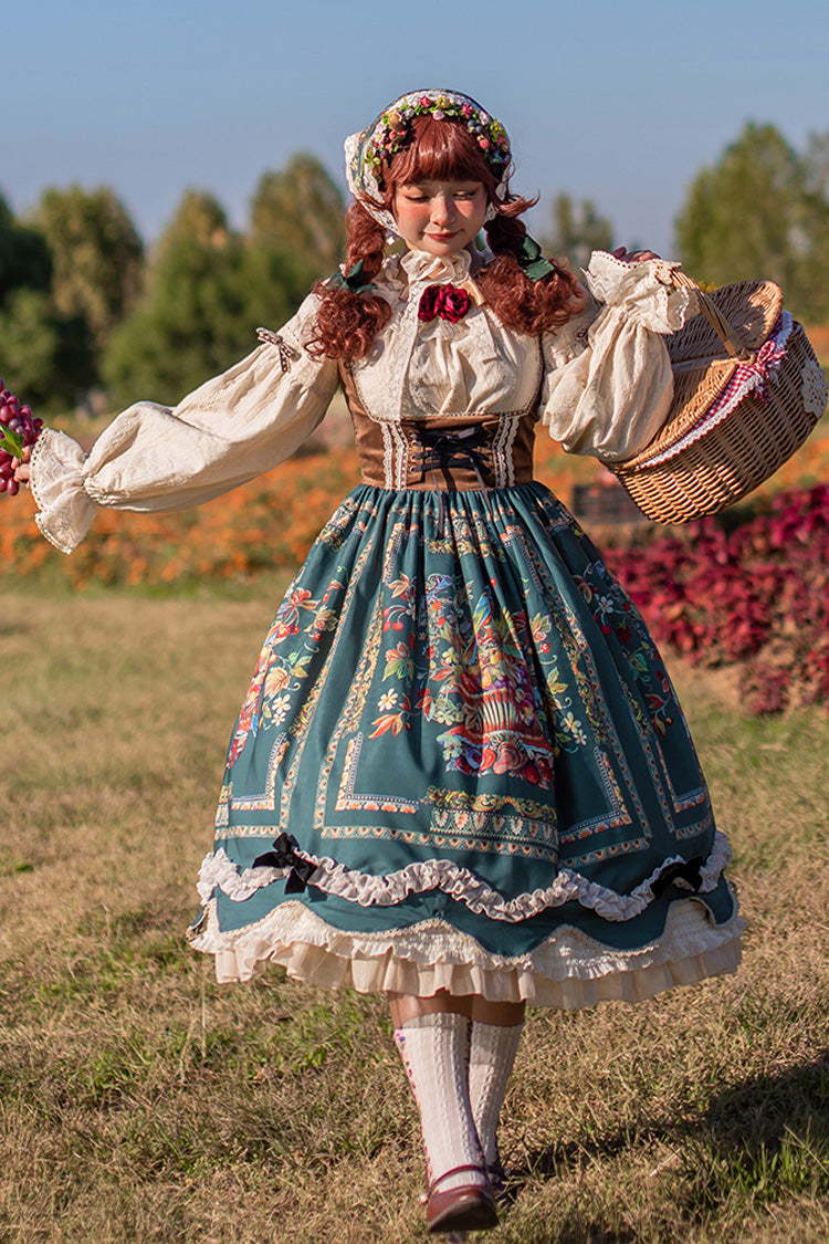 Green Ode to Plenty Berries and Birds Print Ruffle Bowknot Velvet Classic Lolita Breast Support Jsk Dress