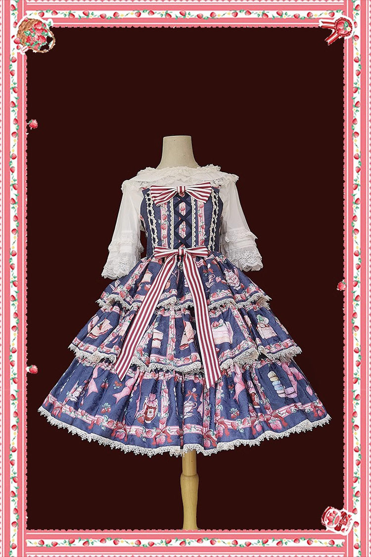Strawberry Afternoon Tea Cake Ice Cream Print Bowknot Sleeveless Sweet Lolita Tiered Dress 3 Colors