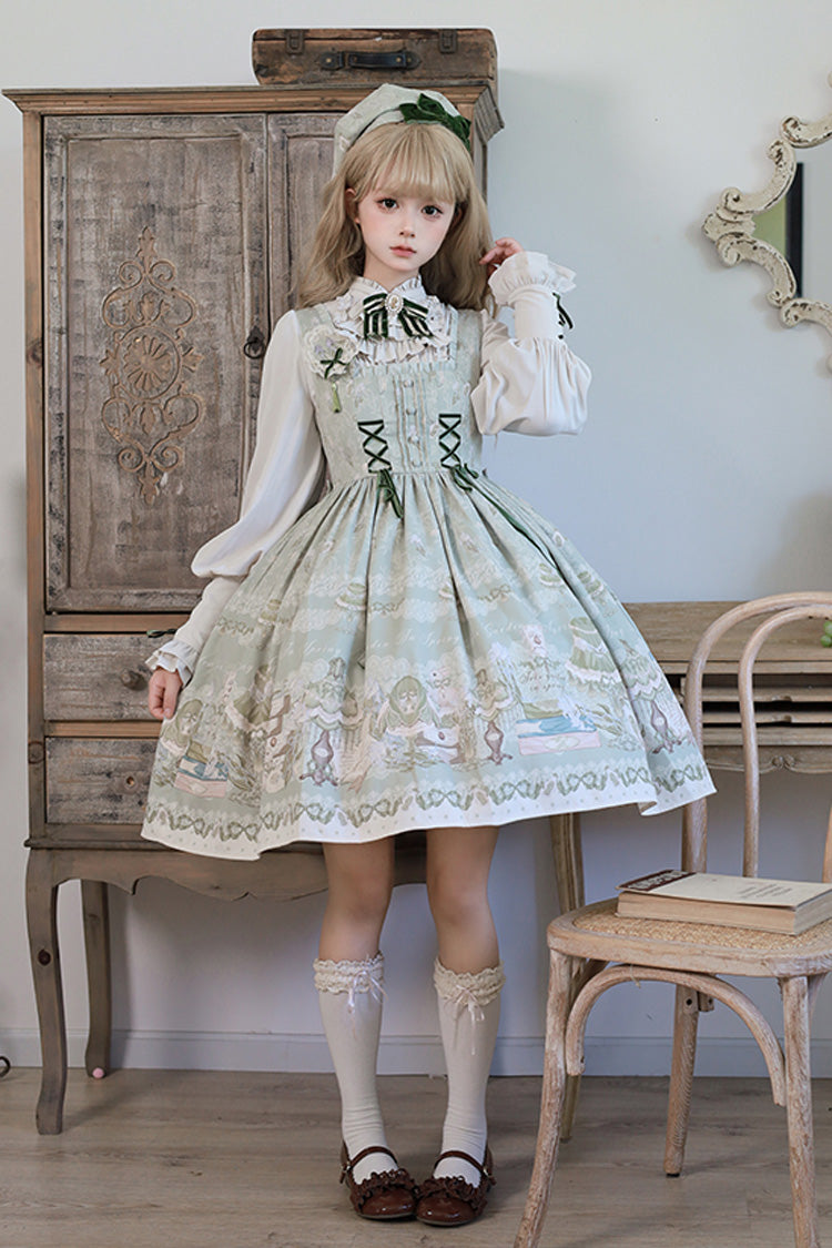 Iris Study Square Collar Print Bowknot Lace-Up Sweet Lolita Jumper Dress 2 Colors