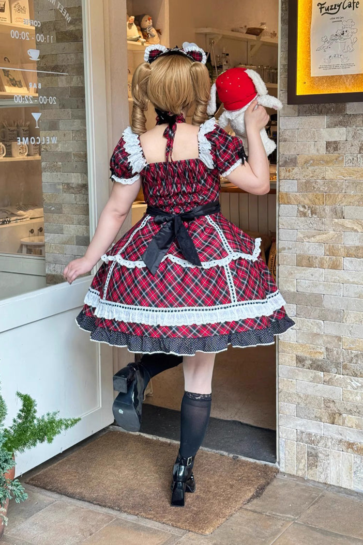 Red Shibuya Sweetheart Short Sleeves Plaid Print Ruffle Bowknot Sweet Lolita OP Dress (Plus Size Support)