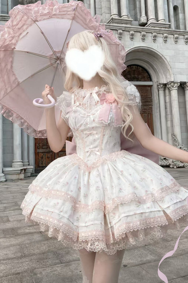 Pink First Love Rose Multi-Layered Print Ruffle Bowknot Lace Sweet Lolita Jsk Dress Set