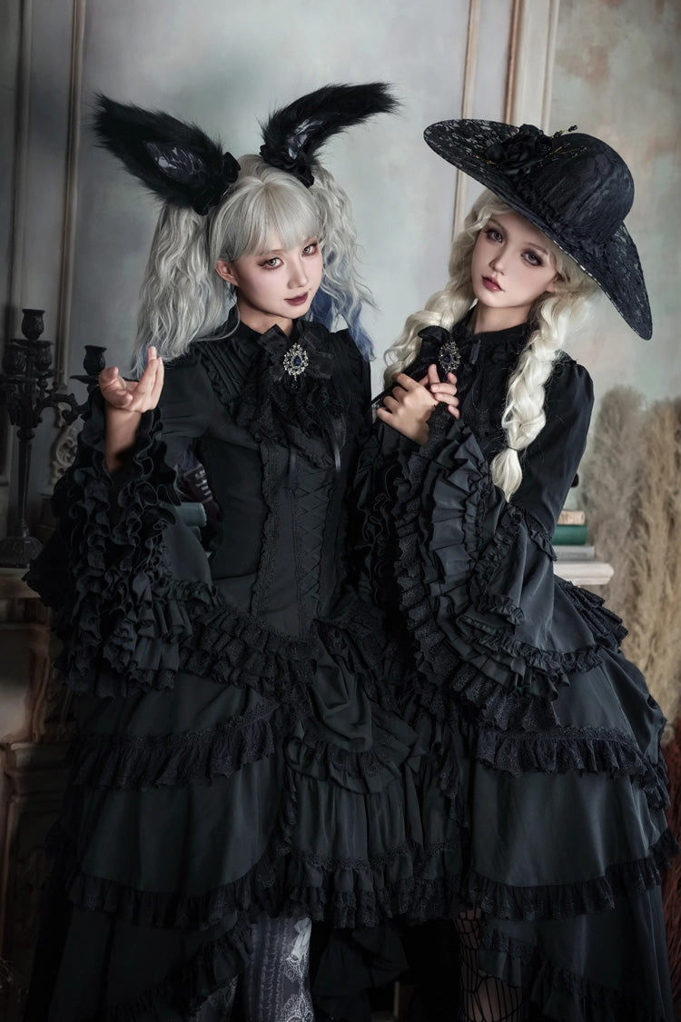 Black Immortal Phoenix Long Hime Sleeves Multi-Layered Ruffled Bow Lace-Up Gothic Lolita Skirt Dress Set