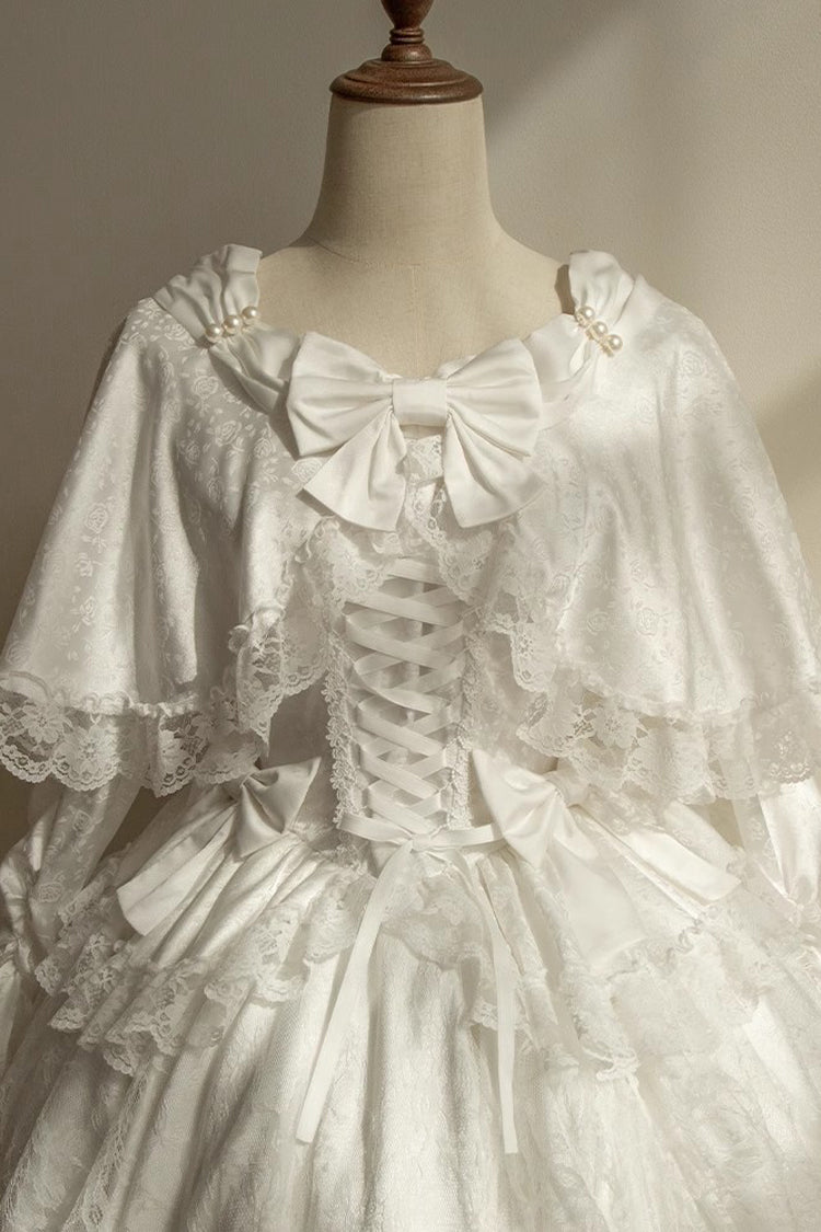 White Cherish Long Trumpet Sleeves Ruffle Hanayome Bowknot Lace-Up Sweet Lolita Dress