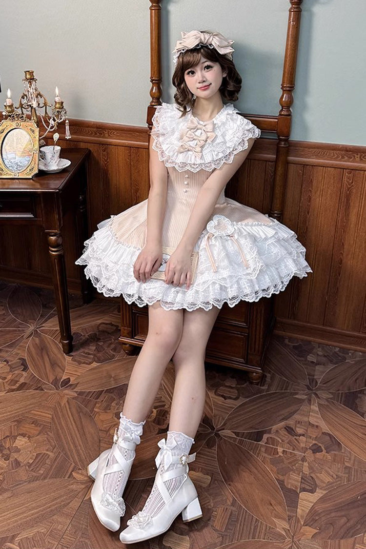 Champagne Miss Tsundere Sleeveless Multi-Layered Ruffle Bowknot Lace Asymmetric Sweet Princess Lolita Dress