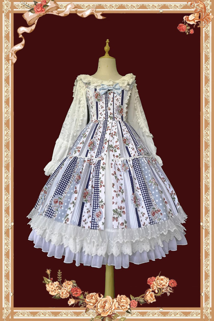Light Blue Strawberry Plaid Print Bowknot Sleeveless Ruffle Sweet Lolita Dress