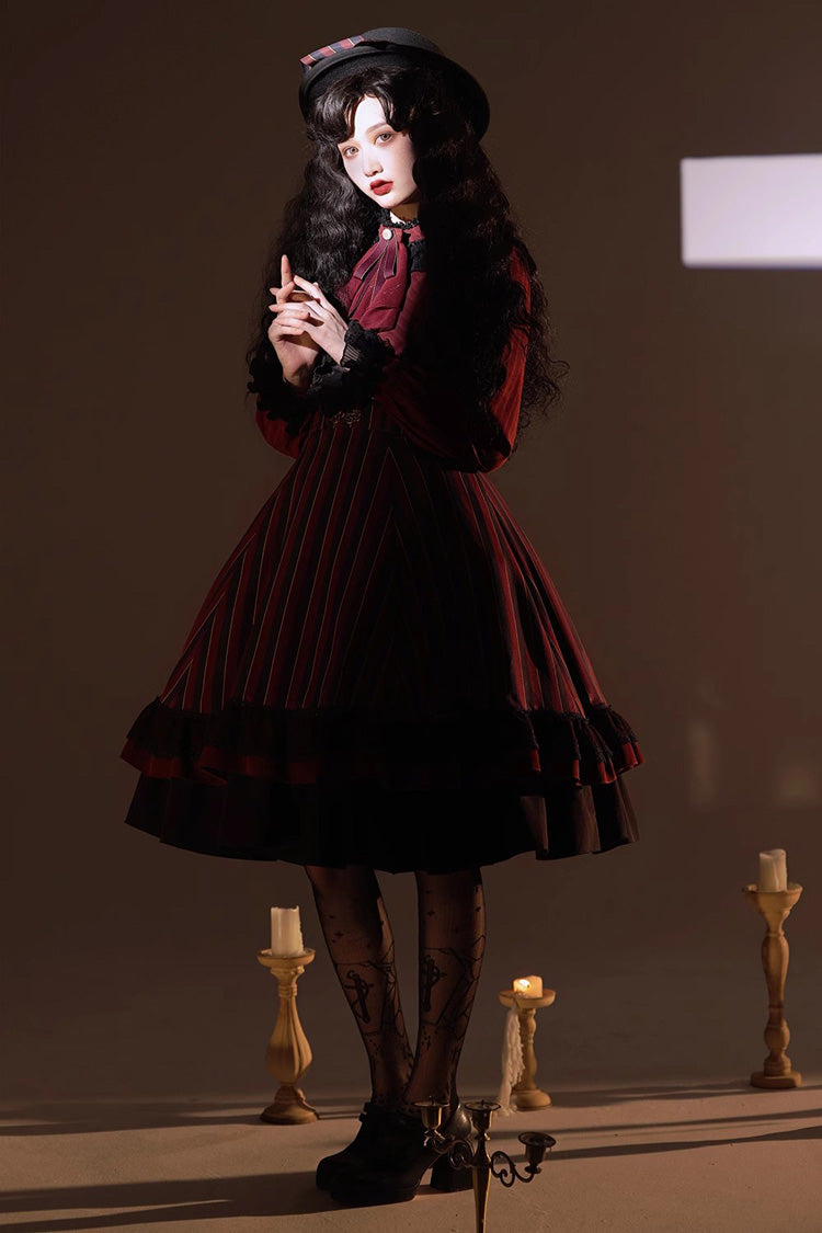 Point Manor Multi-layer Striped Print Ruffle Vintage Elegant Gothic Lolita Skirt 4 Colors
